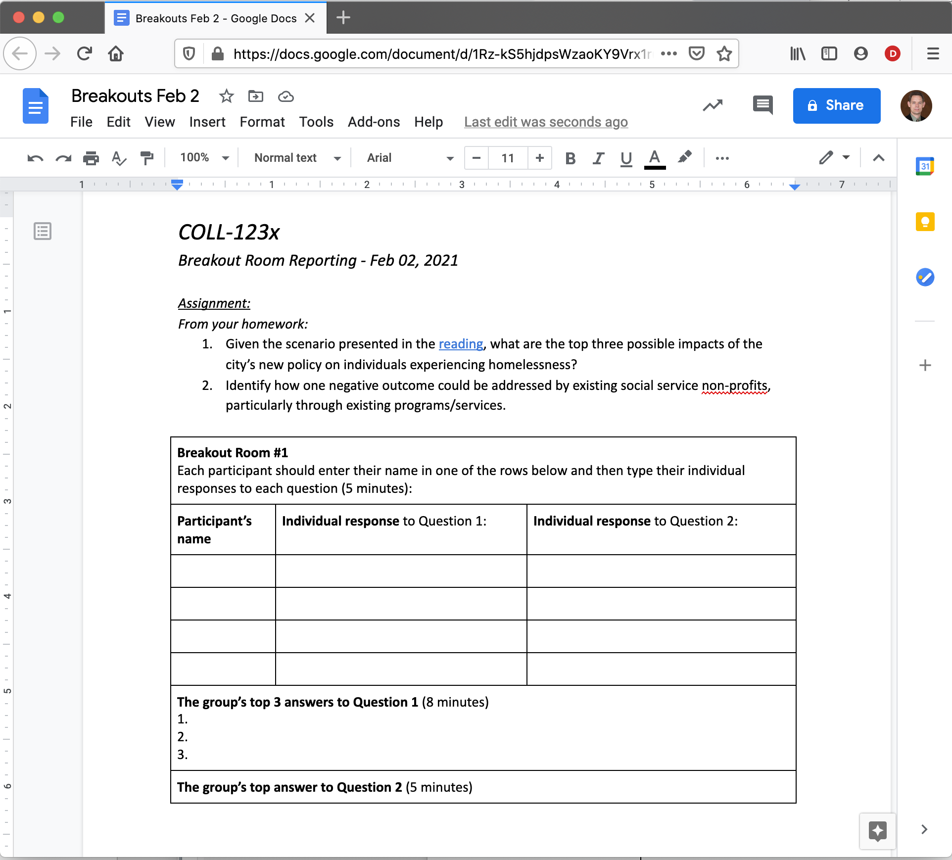 Example of Google Doc used for deliverable